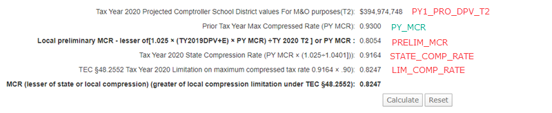 Screenshot showing calculated values